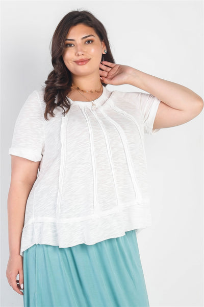 Plus White Trim Detail Round Neck Short Sleeve Top