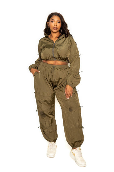 Olive Zip Up Set With Cord Lock Detail