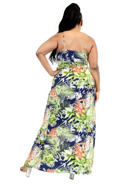 Plus Tropical Leaf Print Surplice Maxi Dress