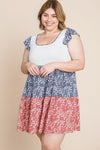 Plus Size Floral Color Block Contrast Tiered Babydoll Dress