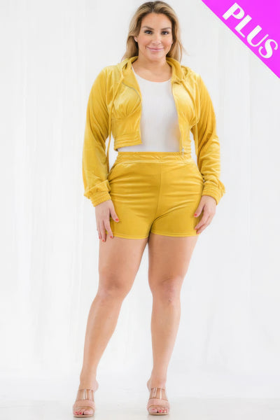 Plus Size Velour Crop Zip Up Hoodie And Shorts Set