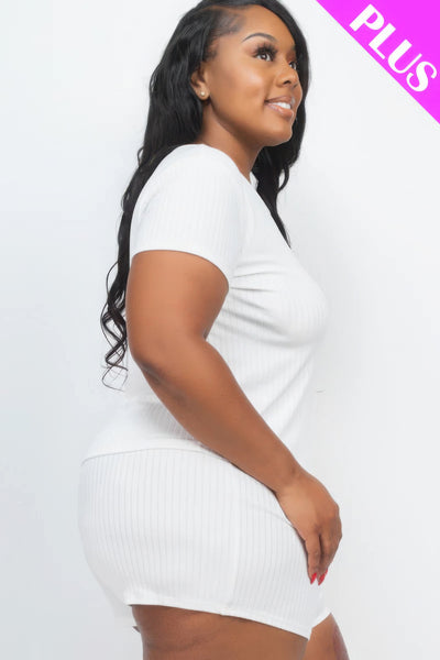 Plus Size Ribbed Short Sleeve Top&shorts Set