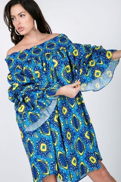 Puffy Ruffle Sleeve Smocking Off Shoulder Print Midi Dress