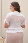 Plus Short Sleeve U-neck With Self-tie Detail Frill Smocked Sheer Top