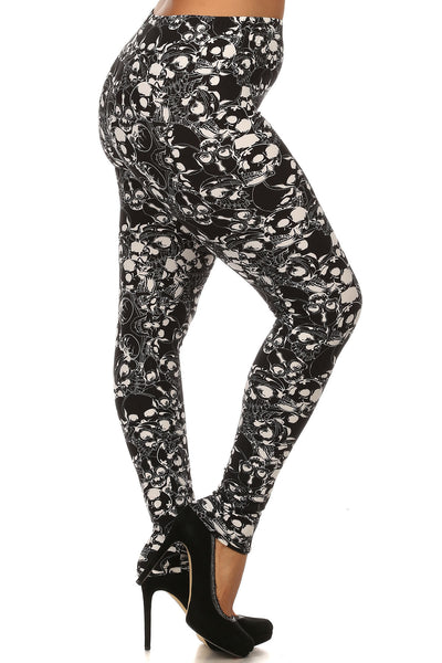 Knit, Skull Pattern Print, Full Length Leggings With Elastic Waist