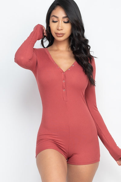 V Neck With Button Tap Bodycon Romper