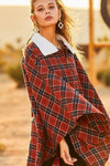 Mock Neck With Zipper Contrast Inside Front Pocket Plaid Poncho