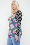 Floral Top Featuring Raglan Style Striped Sleeves And A Round Neck