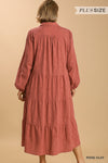 Textured Long Sleeve Collar Split Neck Tiered Maxi Dress