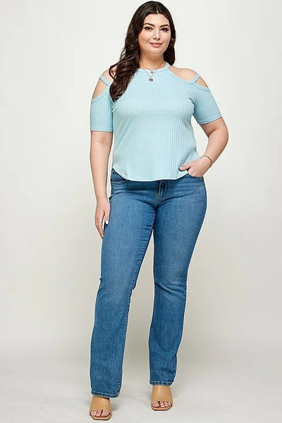 Plus Size, Solid Ribbed Cold Shoulder Top