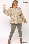 Floral And Gold Foil Woven Top With Elastic Waist And Peplum Hem