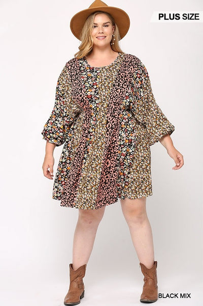 Print Mixed Dolman Sleeve Dress With Side Pockets