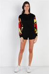 Black & Satin Effect Red & Lime Floral Print Hooded Top & Short Set