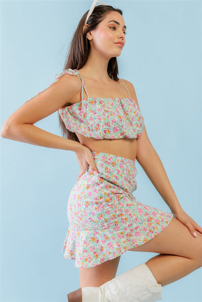 Mint Fuchsia Print Cotton Sleeveless Strappy Crop Top & High Waist Wrap Hem Mini Skirt Set