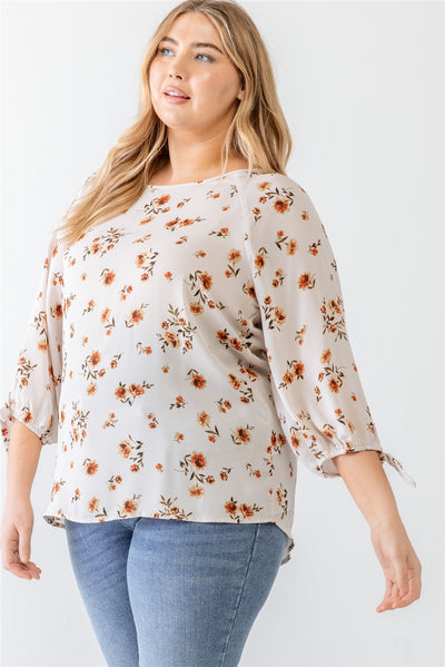 Plus White Floral Tie Midi Sleeve Back Zipper Relax Top