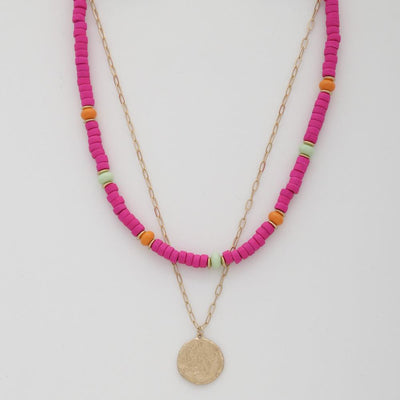 Coin Wood Bead Layered Necklace