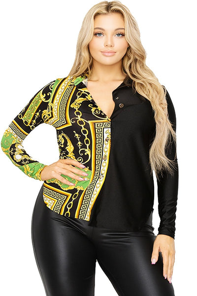 Plus long sleeve gold chain printed shirt