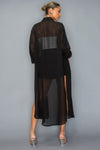 Chiffon Button Down Long Sleeve Side Slit Long Top With Short Set