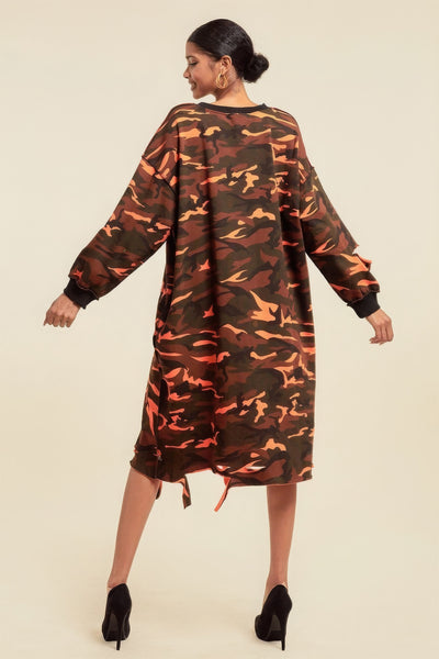 Camouflage Printed Midi Dress With Rings